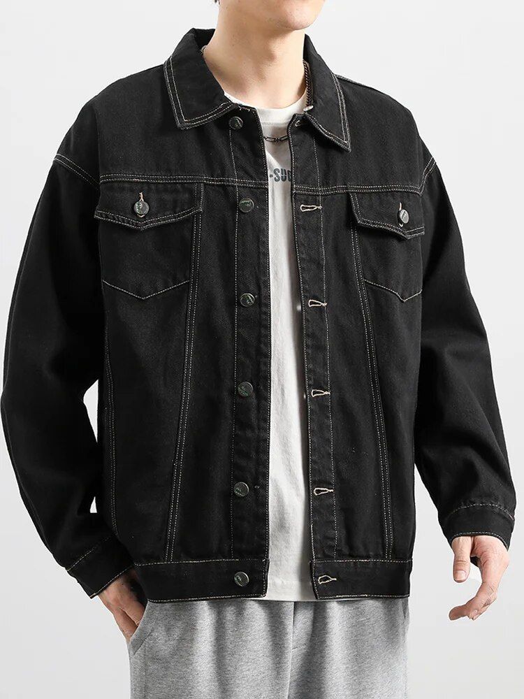 Plus size men's black denim jacket with stylish turn-down collar, ideal for streetwear