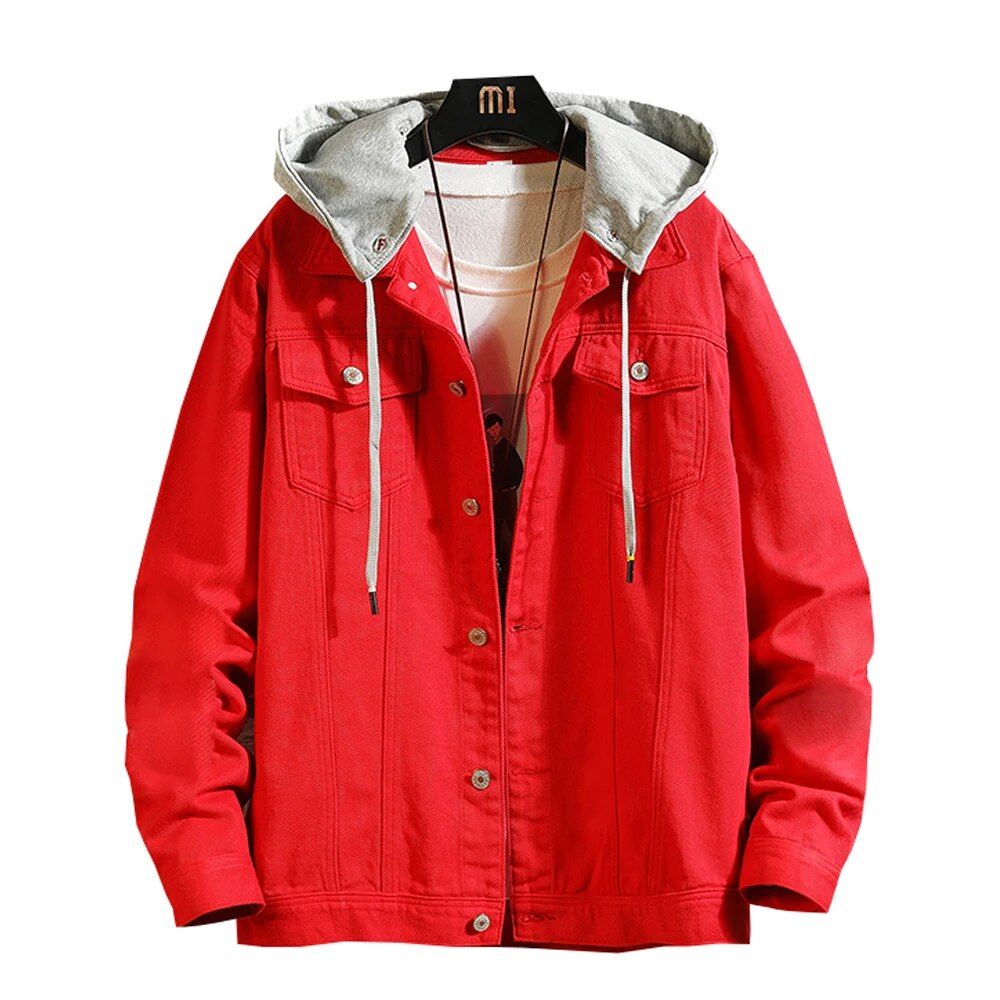 Stylish denim bomber jacket for men in red color