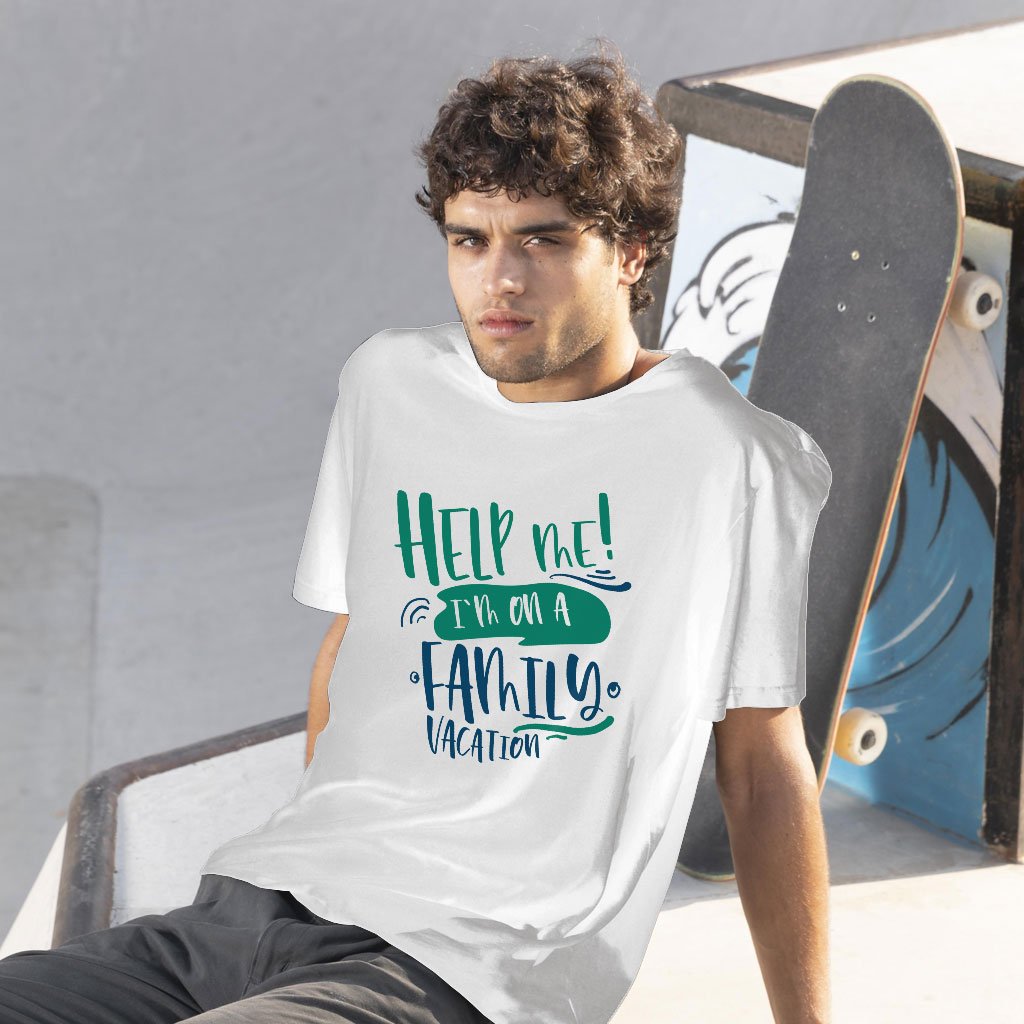 A young white American wears teefirms: Help me I am on a family vacation t-shirt