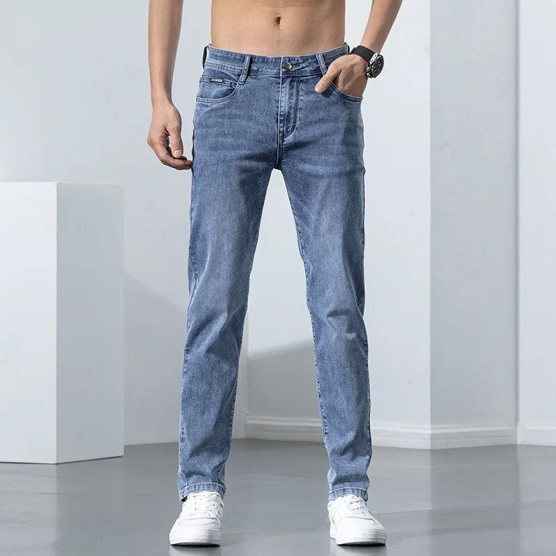 Skinny fit men's jeans with stretch, tailored for business fashion in summer and spring