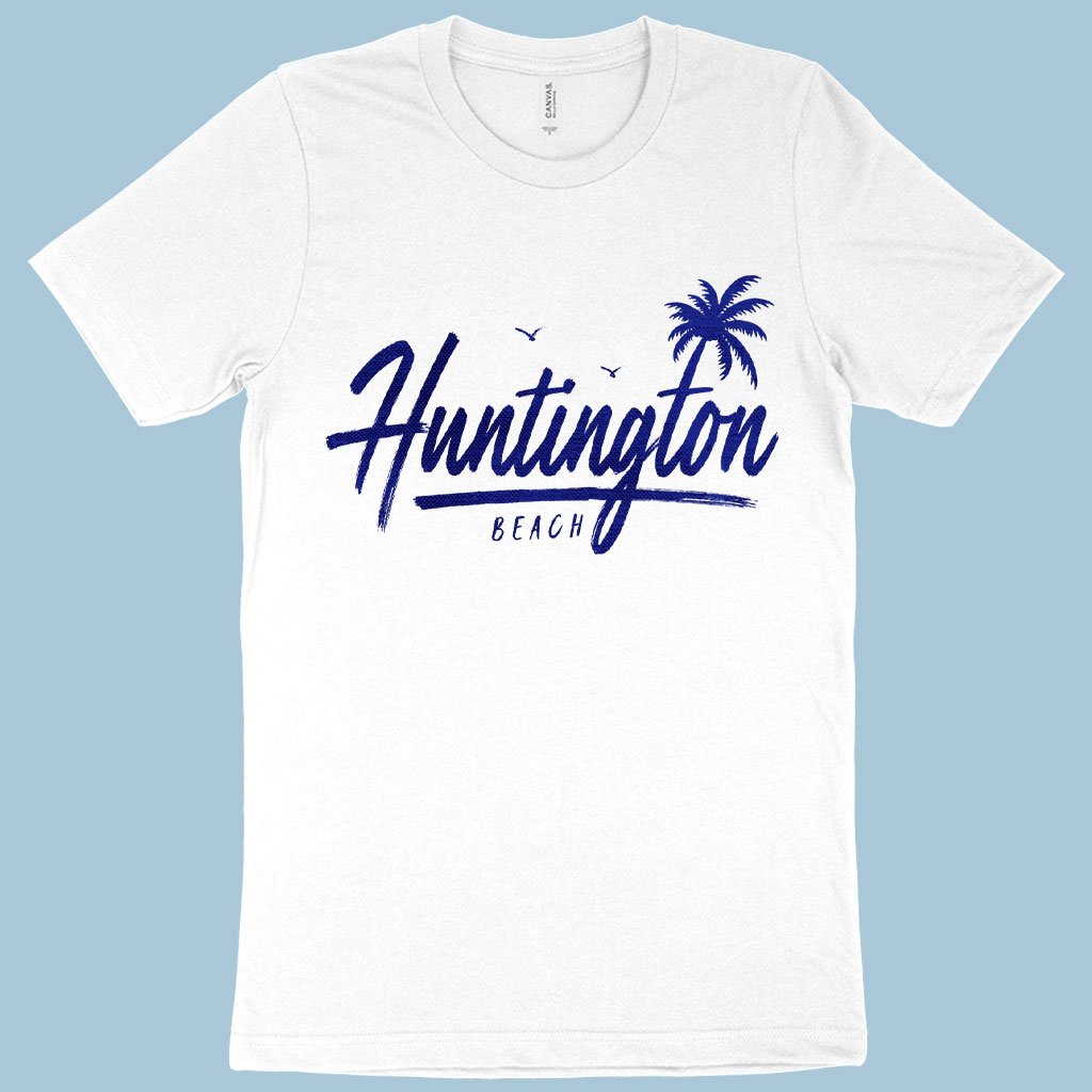 Huntington Beach California T-Shirt - white color with blue print 