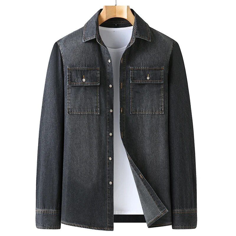 Men's Spring and Autumn Black or Blue Denim Shirt: Casual slim fit long sleeve