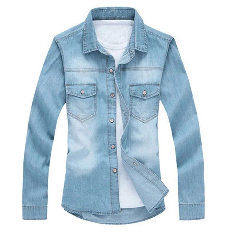 Retro style denim shirt for men, classic slim fit with solid color long sleeves in light blue