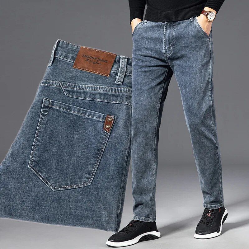 Denim jeans for men, offering a vintage look with modern stretch in a straight fit
