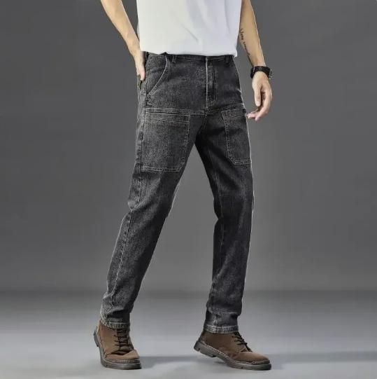 Men's slim fit cargo jeans with trendy six-pocket, work pants