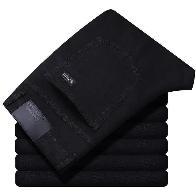 Professional men's denim jeans with stretch, tailored for business fashion in straight fit black color