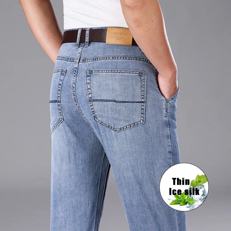 Men's Lyocell Blend Lightweight Straight-Fit Jeans - Summer Casual & Business