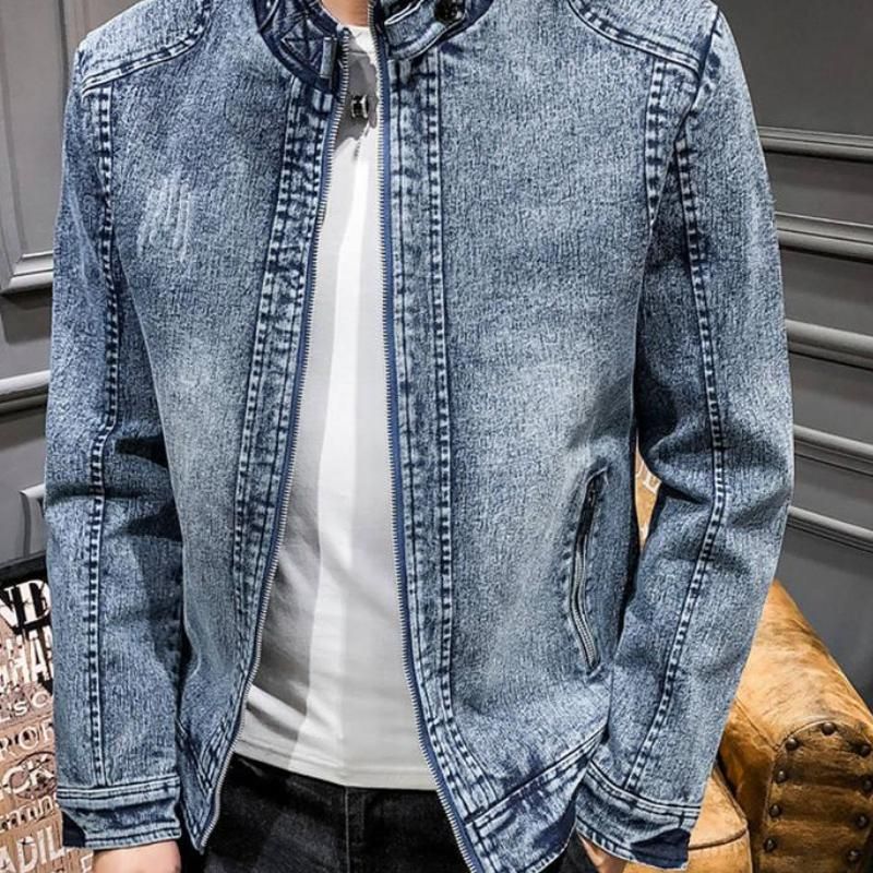 Men's winter essential: Mandarin collar denim jacket