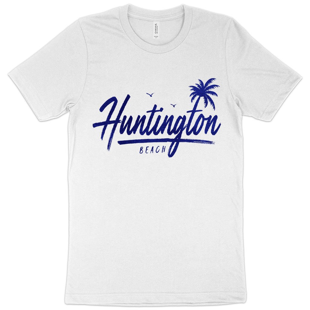 white color blue printed Huntington Beach vintage t-shirt