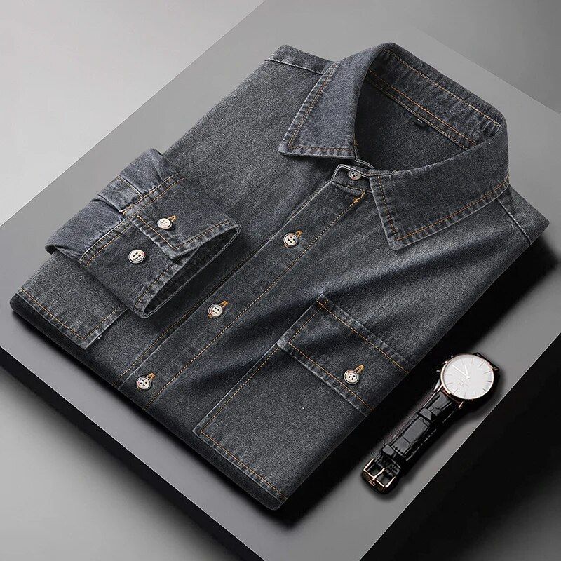 Men's denim shirt, casual slim fit with long sleeves, suitable for spring and autumn in black