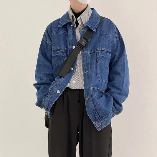 Men's Vintage Dark Blue Denim Jacket - Loose Fit Casual Outerwear S-2XL