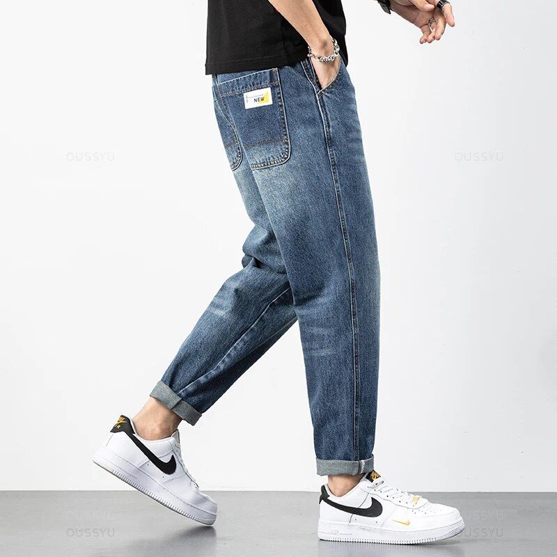 Men's blue cotton harem jeans, ankle length retro denim pants