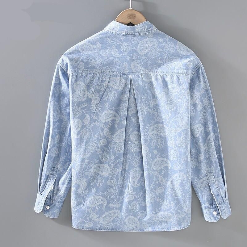 Men's Casual Cashew Printed Denim Shirt: Cotton made long sleeve Button down lapet shirt