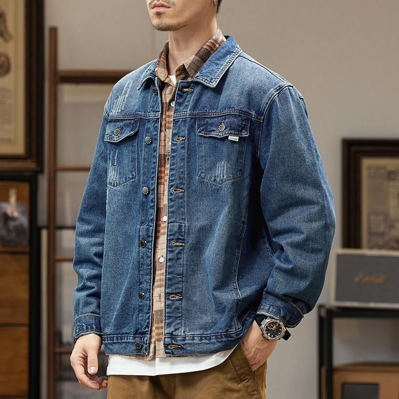 Men's Oversized blue Denim Jacket - Casual Cotton Motorcycle Coat for Spring and Autumn
