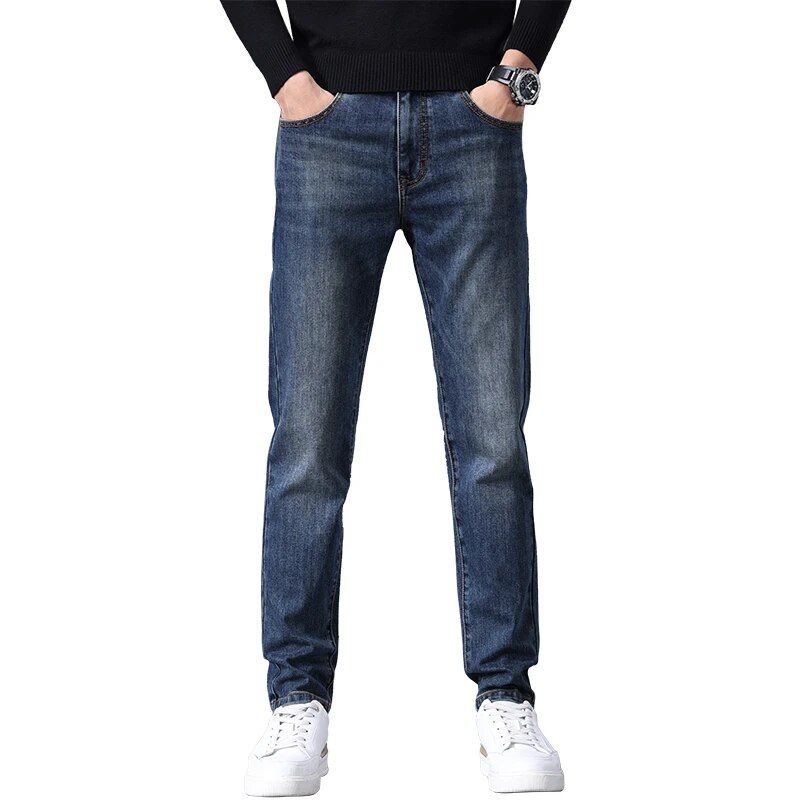 Dark blue straight fit jeans for men, designed for comfort with stretch