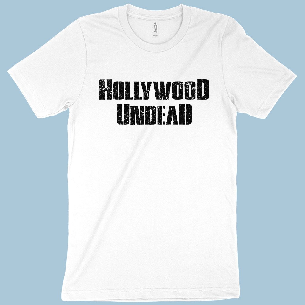Hollywood undead merch white color t shirt in sky blue background 