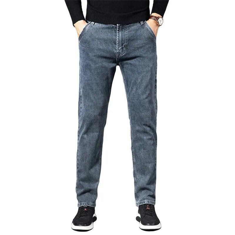 Timeless men's stretch denim jeans in a straight fit, exuding vintage charm.