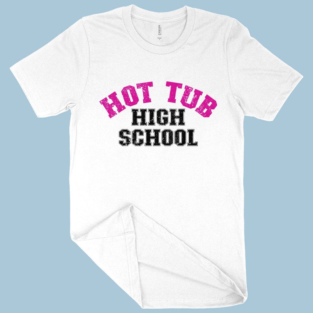 Women's hot tub high school t shirt with pink printed on white t-shirt 