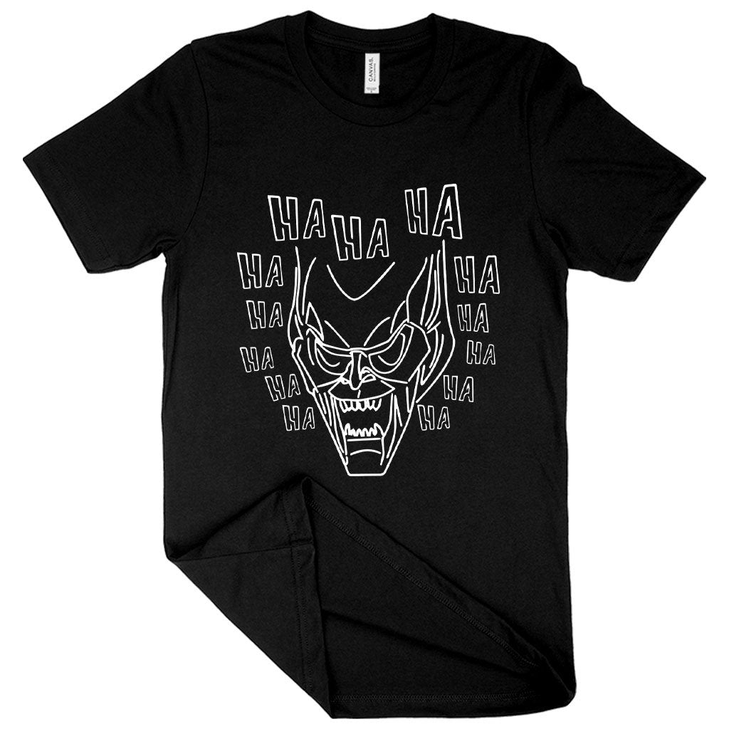 Black color laughing green goblin face t shirt 