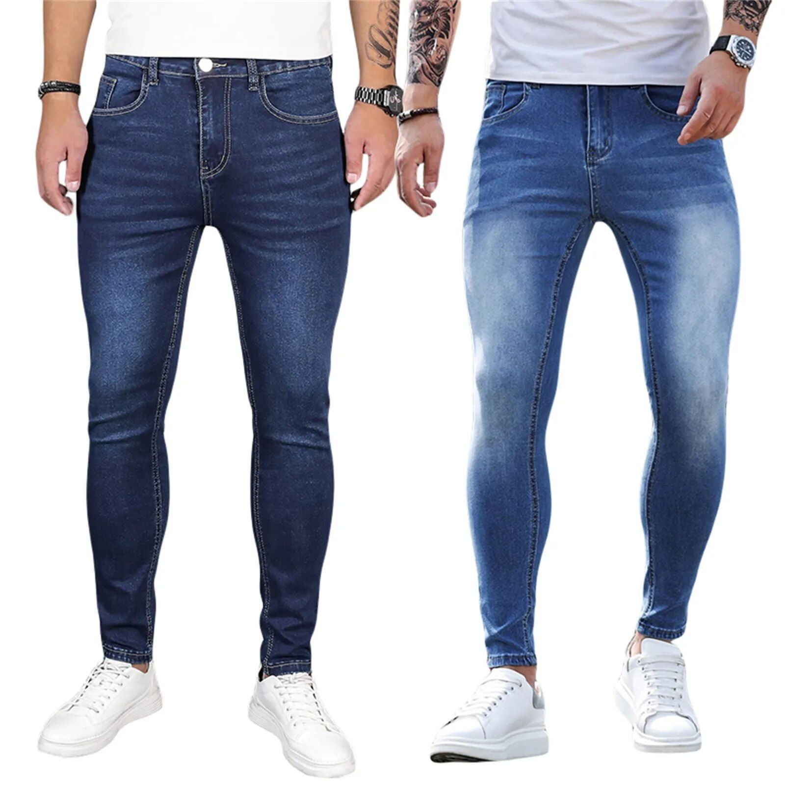 Men's casual skinny slim fit stretch jeans in blue with pockets