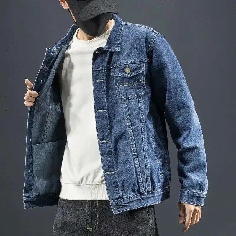 Men's classic denim jacket with thick fleece lining, windbreaker fashion, and casual pocket style