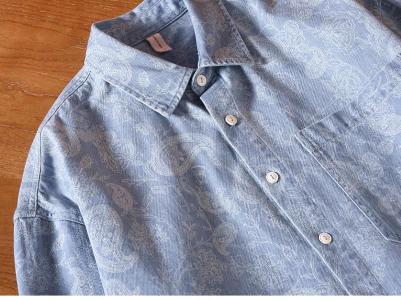 Cotton-made long sleeve button-down lapel denim shirt for men with casual cashew print