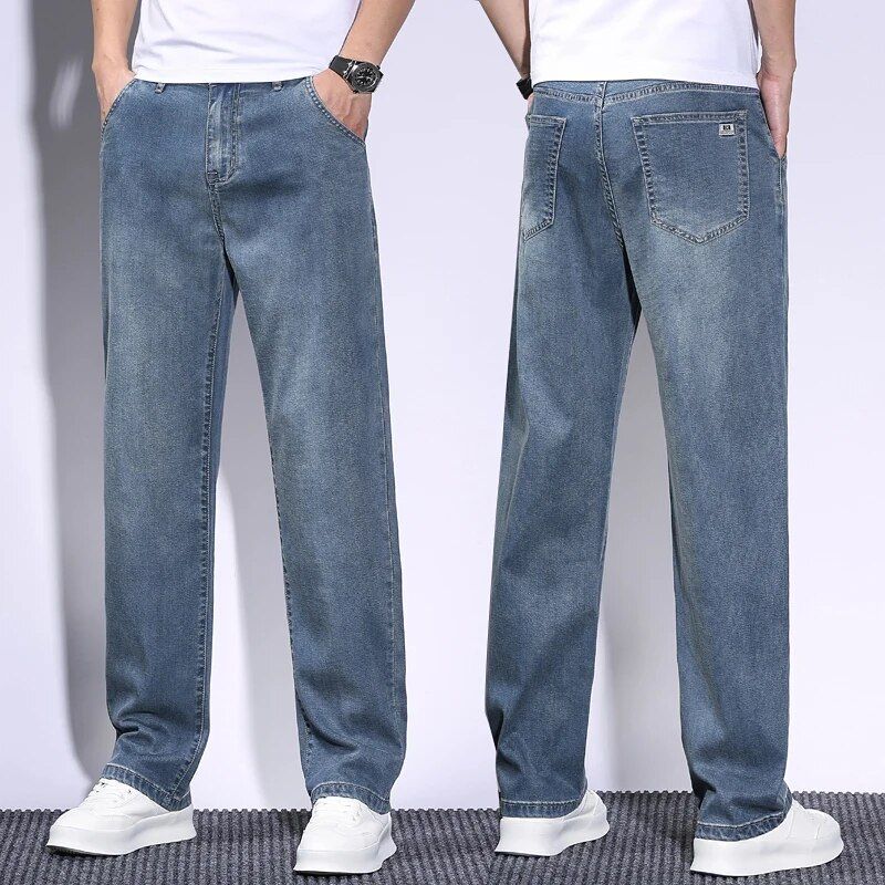 Straight fit light blue jeans designed for men's summer fashion