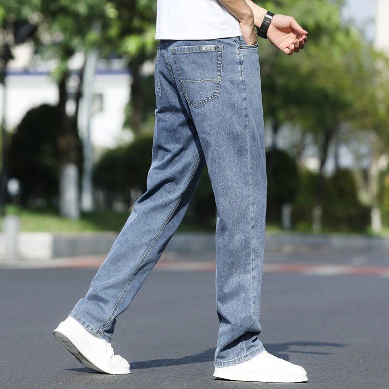 Light Blue Casual Summer Denim Jeans - Men's Loose Straight Drawstring Trousers