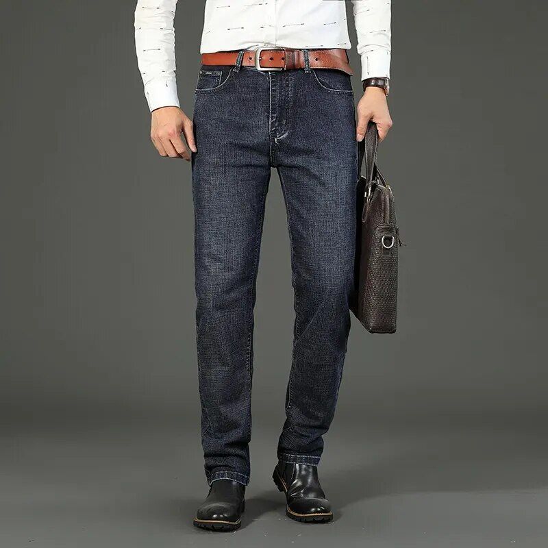 Business fashion denim jeans for men, offering stretch and a straight fit