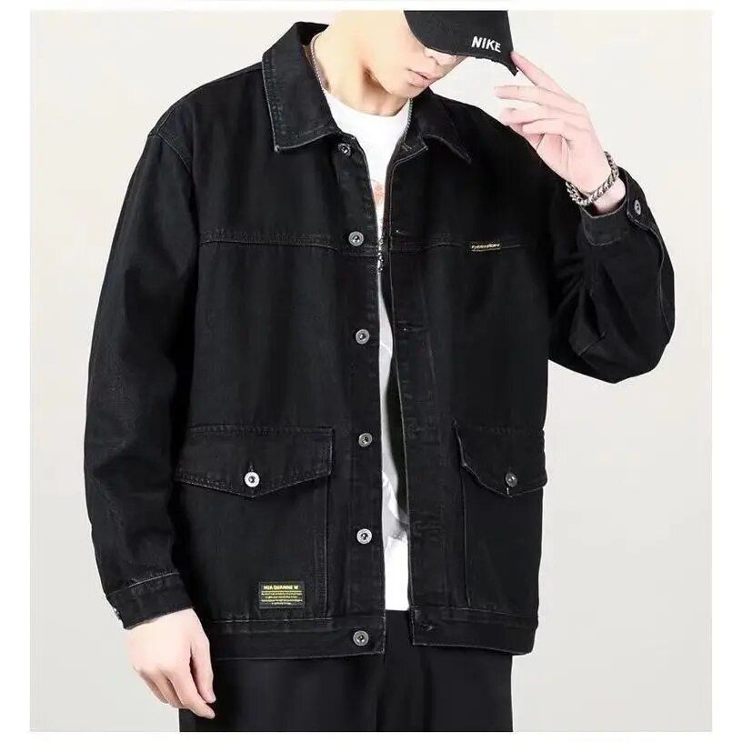 Stylish patchwork denim jacket for men with multiple pockets