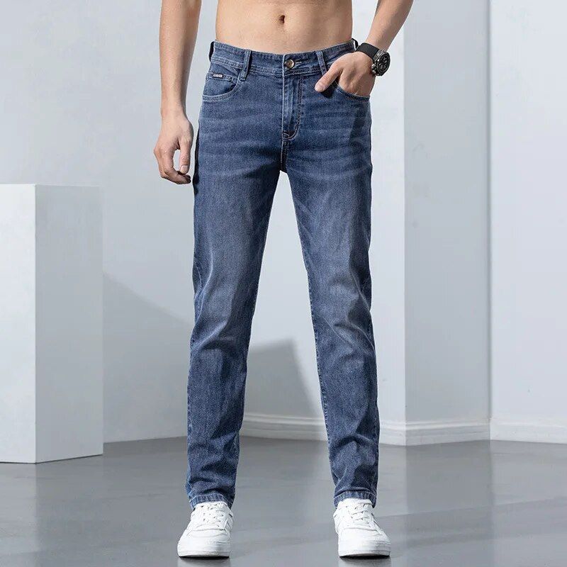 Men's skinny jeans with stretch, offering a slim fit business fashion style, perfect for summer and spring