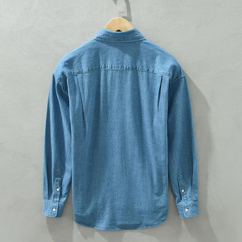 Men's Casual Light Blue Denim Shirt -Pure Cotton long sleeve Autumn-Winter Comfort