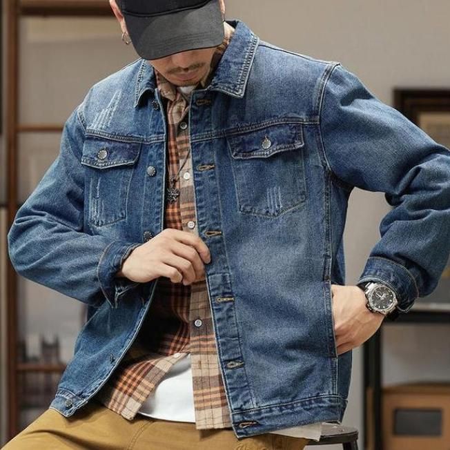 Men's Oversized Denim Jacket - Casual Cotton Motorcycle Coat for Spring and Autumn