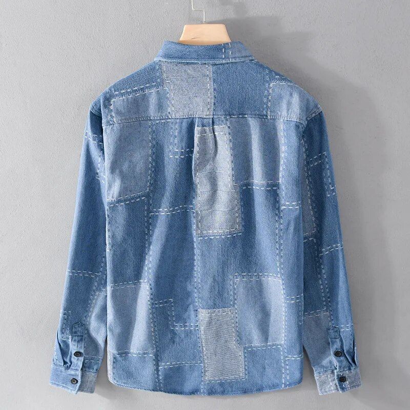 Men's casual Japanese style long sleeve denim shirt with lapel
