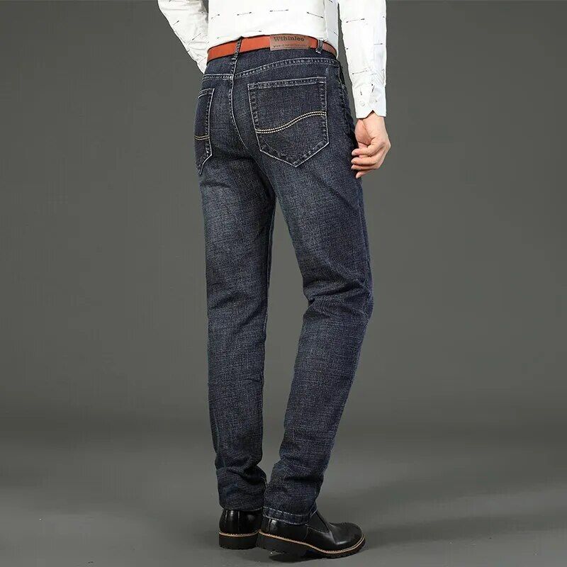 Men's straight fit denim jeans designed for professional attire, with added stretch for comfort