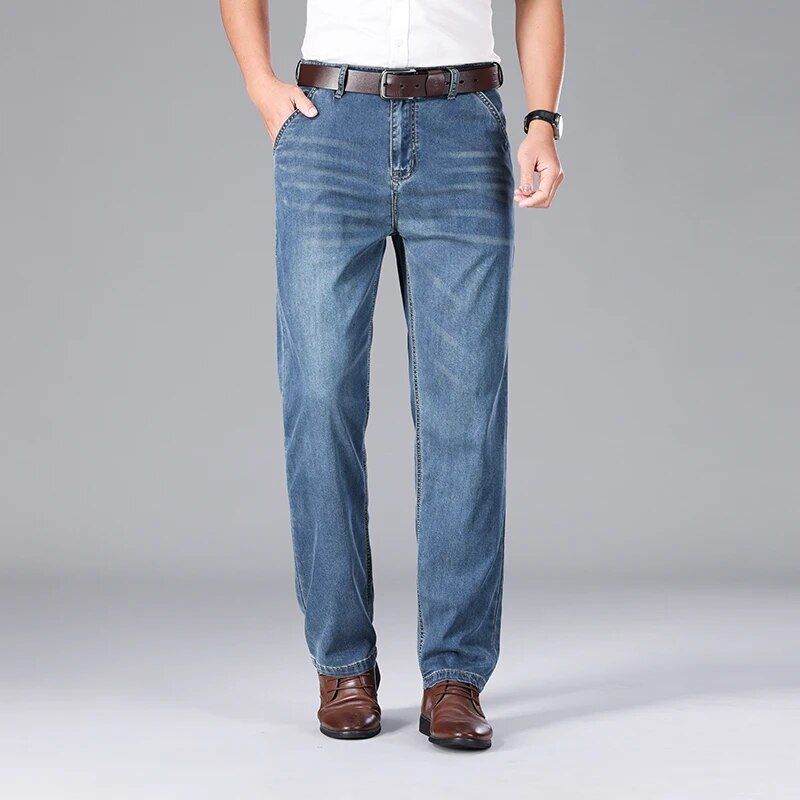 Men's lyocell blend lightweight straight fit jeans, perfect for summer casual and business wear.