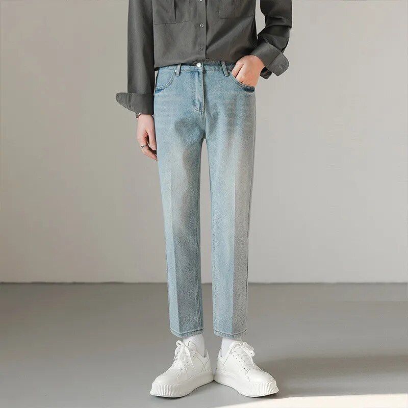 Men's light blue slim fit stretch denim jeans, perfect for casual wear
