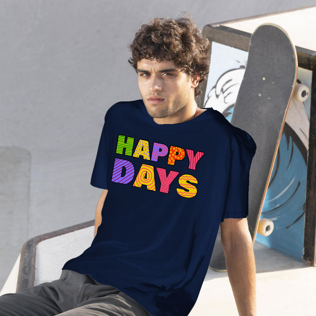 A young white American wears Happy Days t-shirt