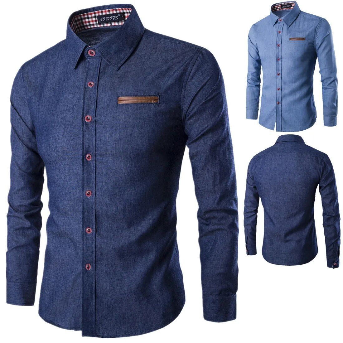 Casual denim shirt for men with solid color and plaid cuffs