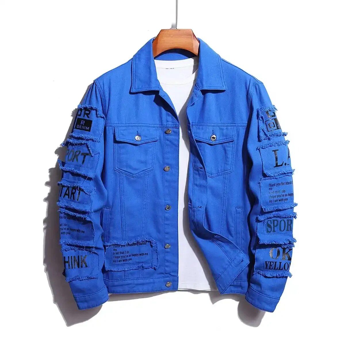 Men's Patchwork Stretchy Cotton Denim Trucker Blue Jacket