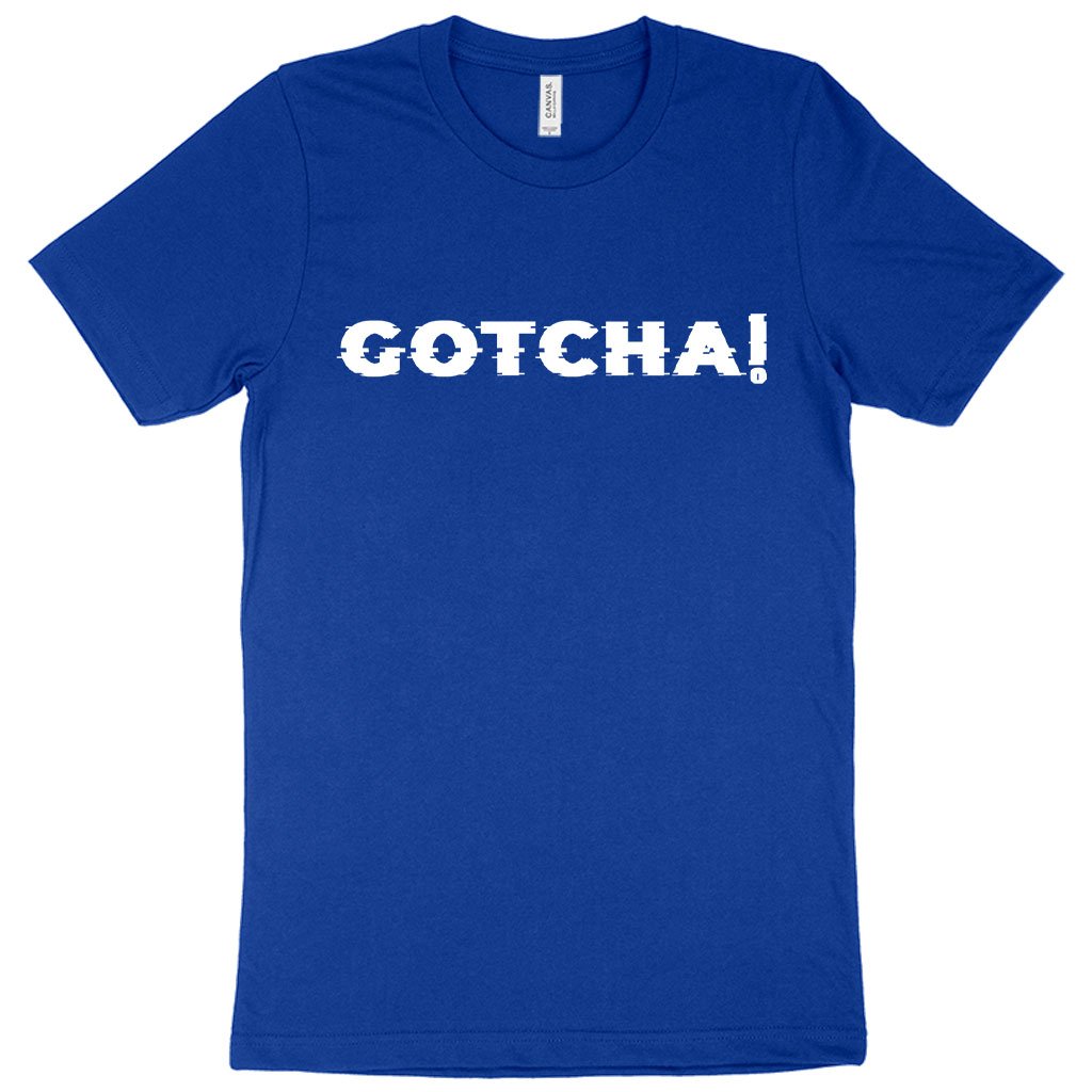 A blue graphic t-shirt with the text "gotcha" on it, on a white background