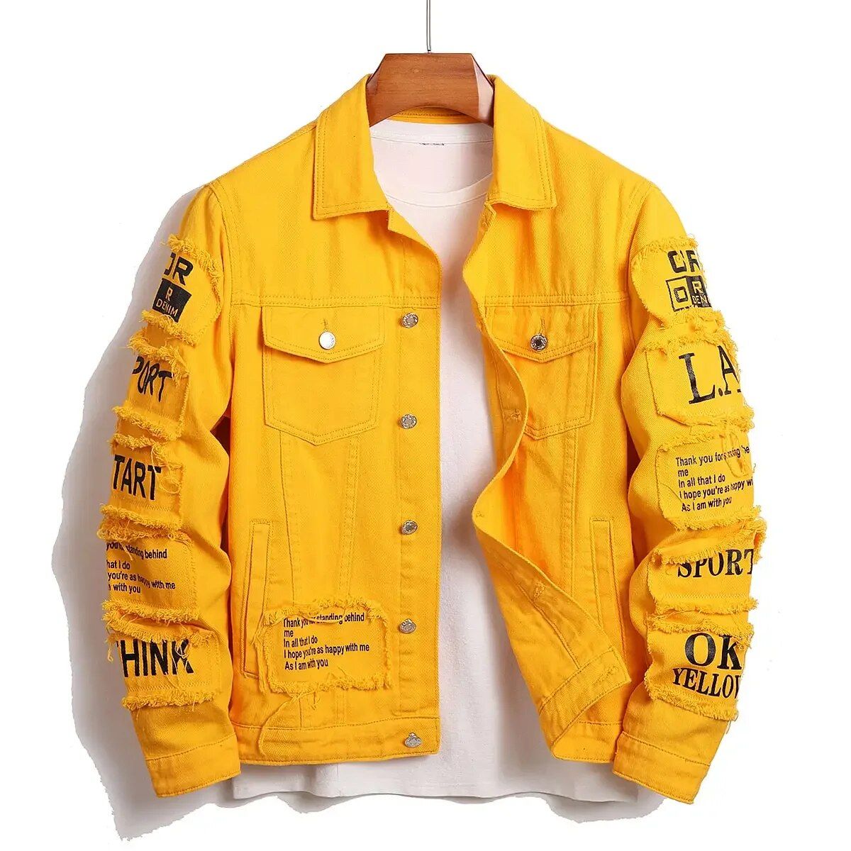 Men's Stretchy Cotton Denim Trucker Jacket with Designer Patches