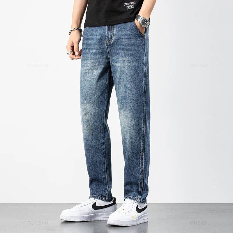 Men's Blue Cotton Harem Jeans - Ankle Length Retro Denim Pants 