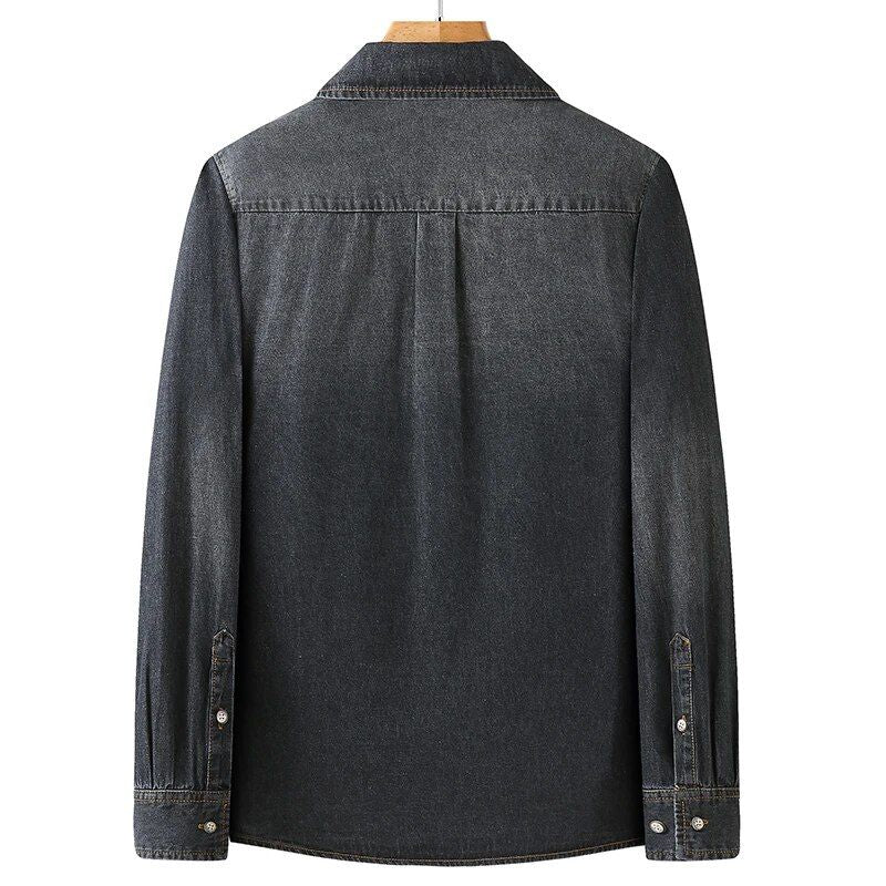 Men's Spring and Autumn Black Denim Shirt: Casual slim fit long sleeve