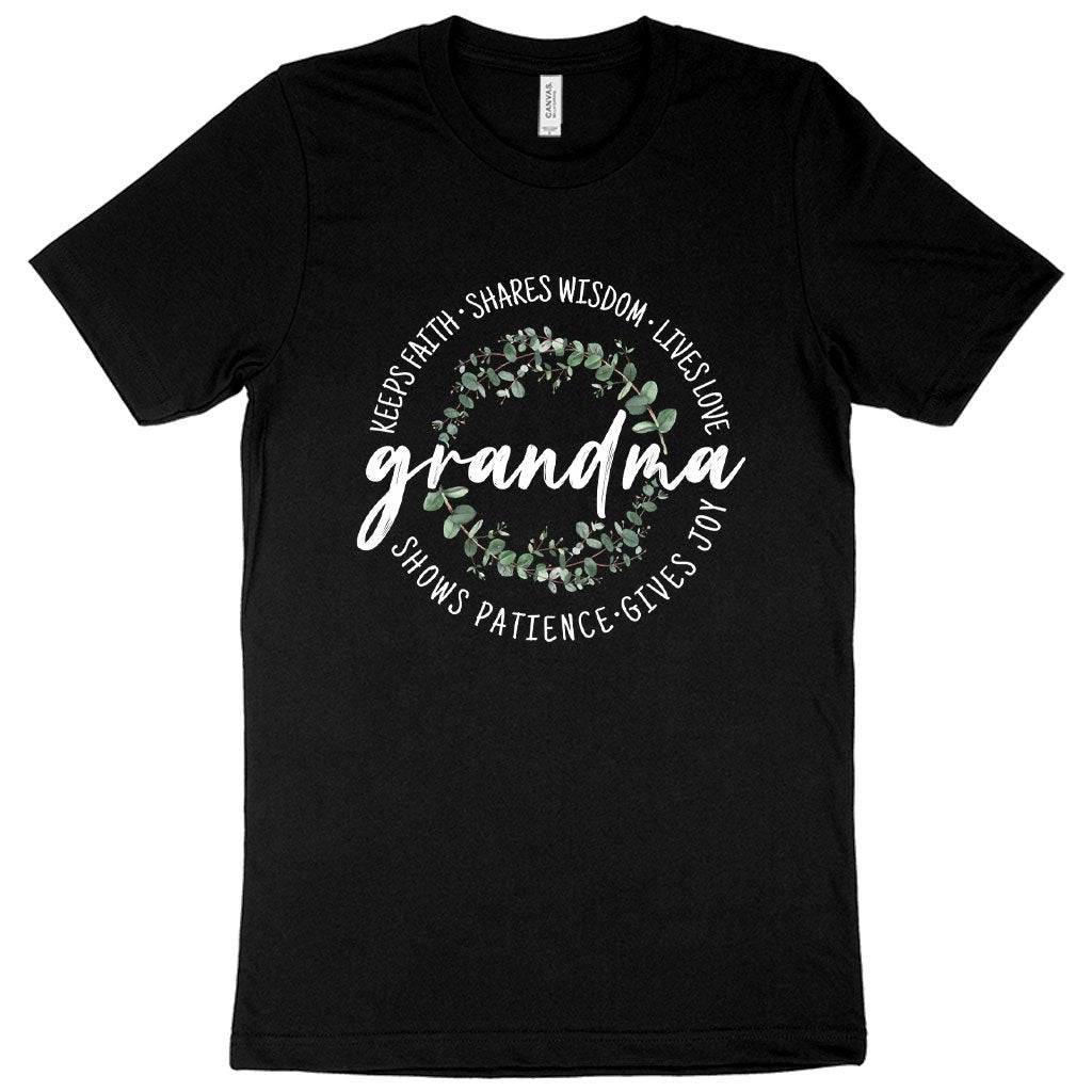 Black color Grandma Faith Wisdom Love Patience Joy T-shirt for grandmother on a white background