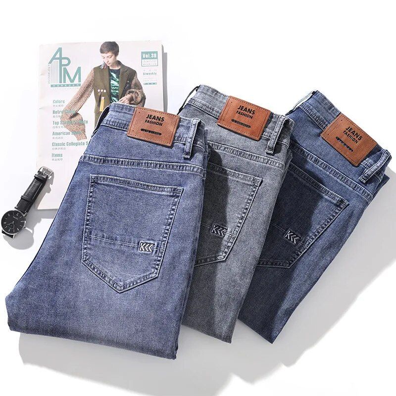 Business fashion style skinny jeans for men, featuring stretch fabric, suitable for summer and spring