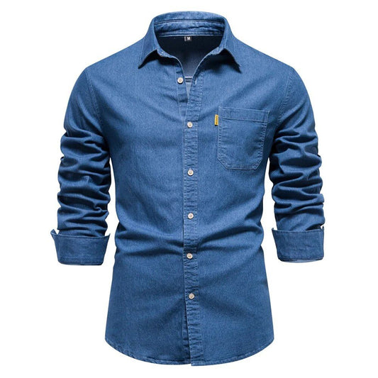 Men's Autumn Cotton Denim Slim-Fit Casual Shirt - Solid Long Sleeve