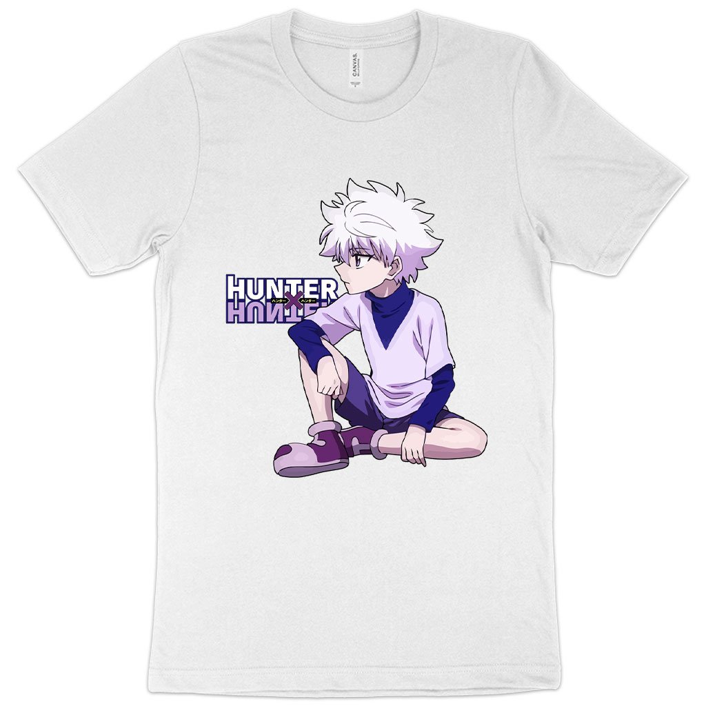 White colored t-shirt featuring the popular anime Hunter x Hunter, which is a best seller on Amazon