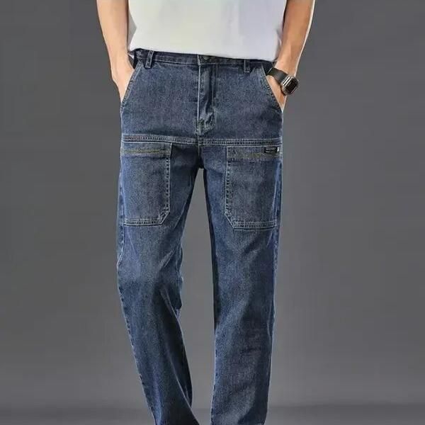 Men's cargo jeans, slim fit with trendy six-pocket style, suitable for work