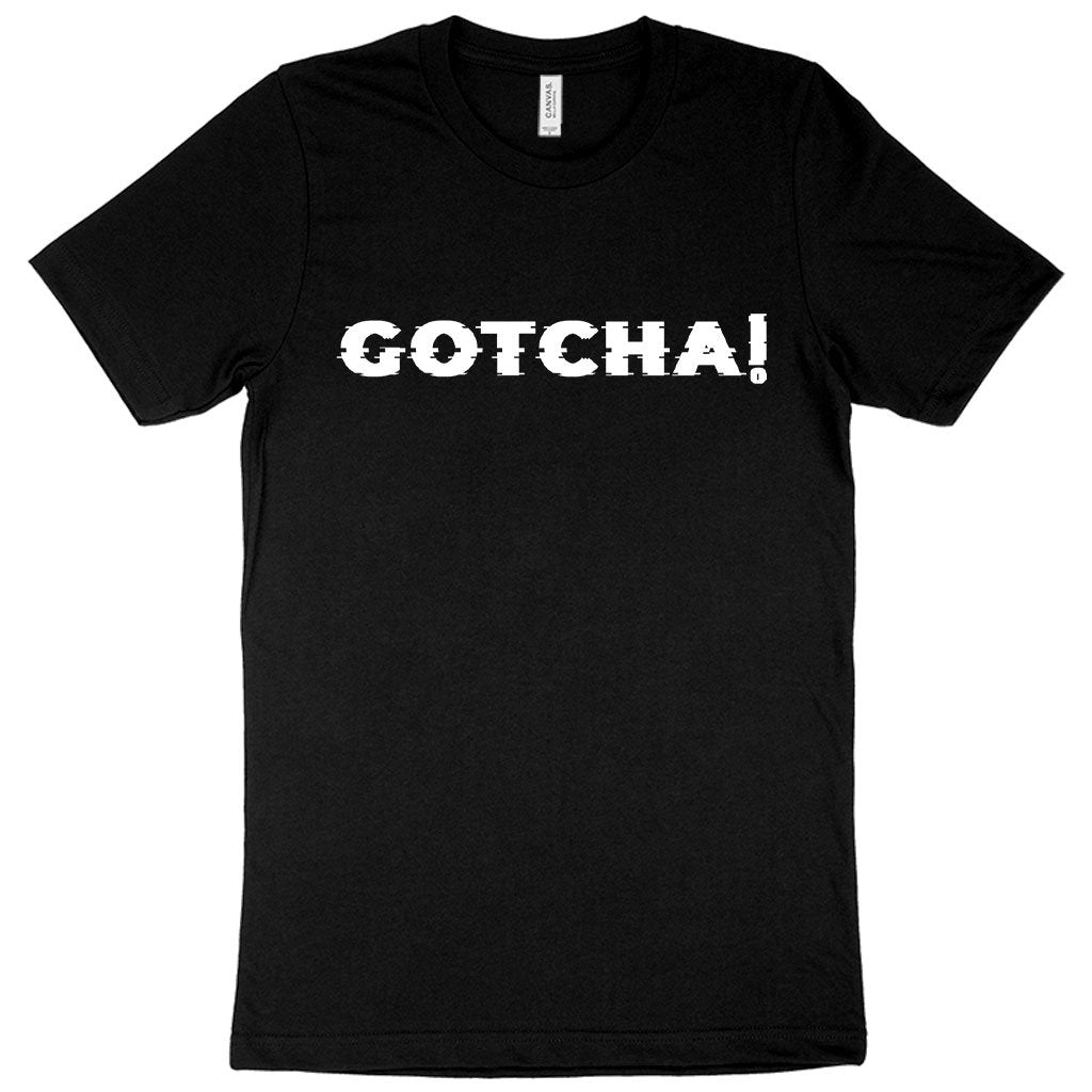 A black gotcha graphic t-shirt with the text "gotcha" on it, on a white background